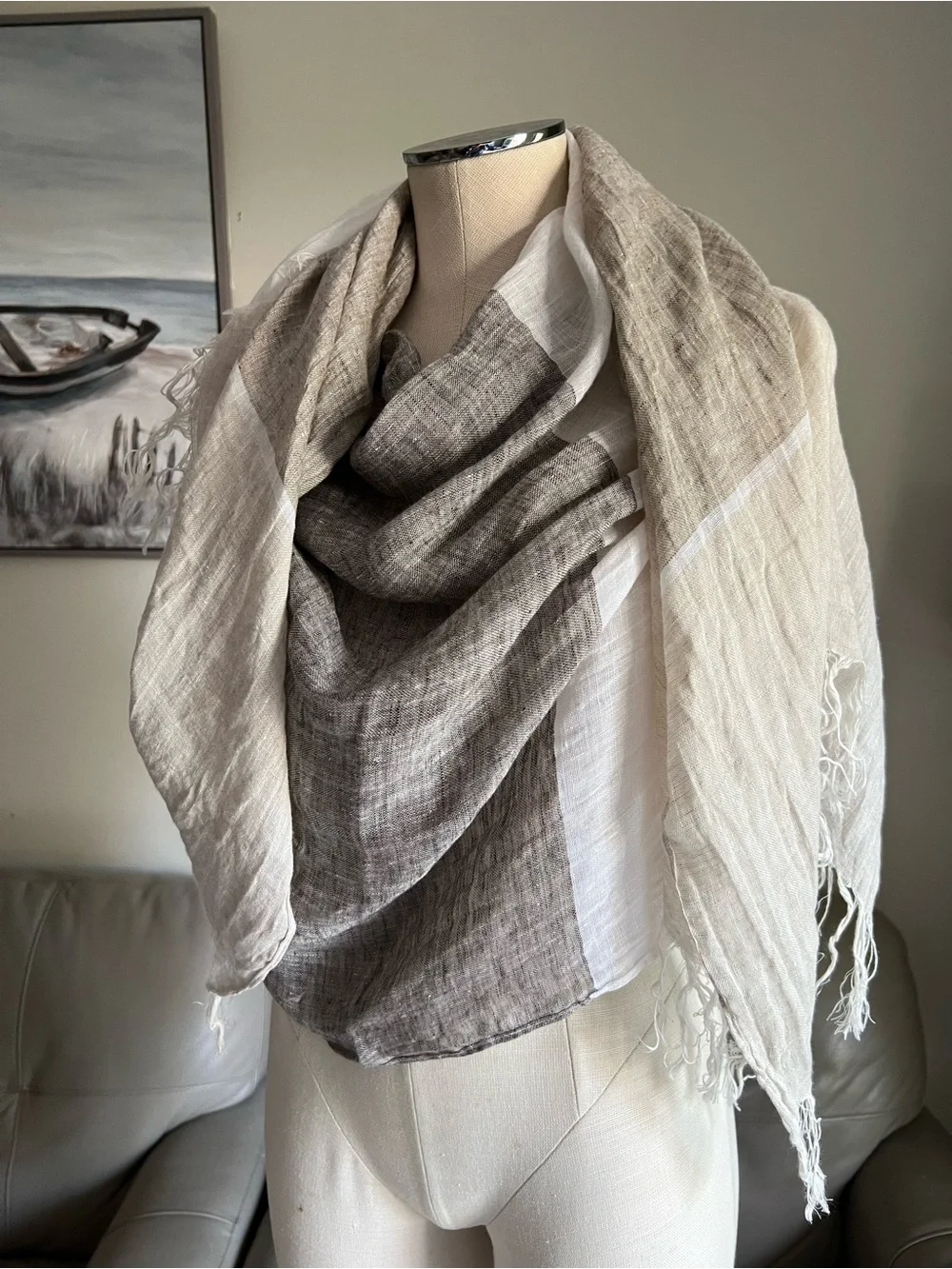 Pepito’s 100% Linen Scarf Made in Italy Lightweight White and Taupe Woven Shawl